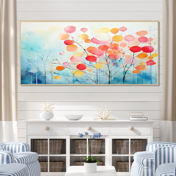 Designart "Spring Tree Colorful Blossoms in Pink and Blue" Extra Large Landscapes Framed Wall Art - Country Pink Tree Bedroom Framed Canvas Wall Art