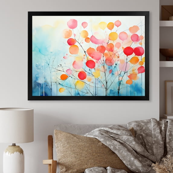 Designart "Spring Tree Colorful Blossoms in Pink and Blue" Landscapes Framed Wall Art Decor - Country Pink Tree Hallway Framed Wall Art Decor