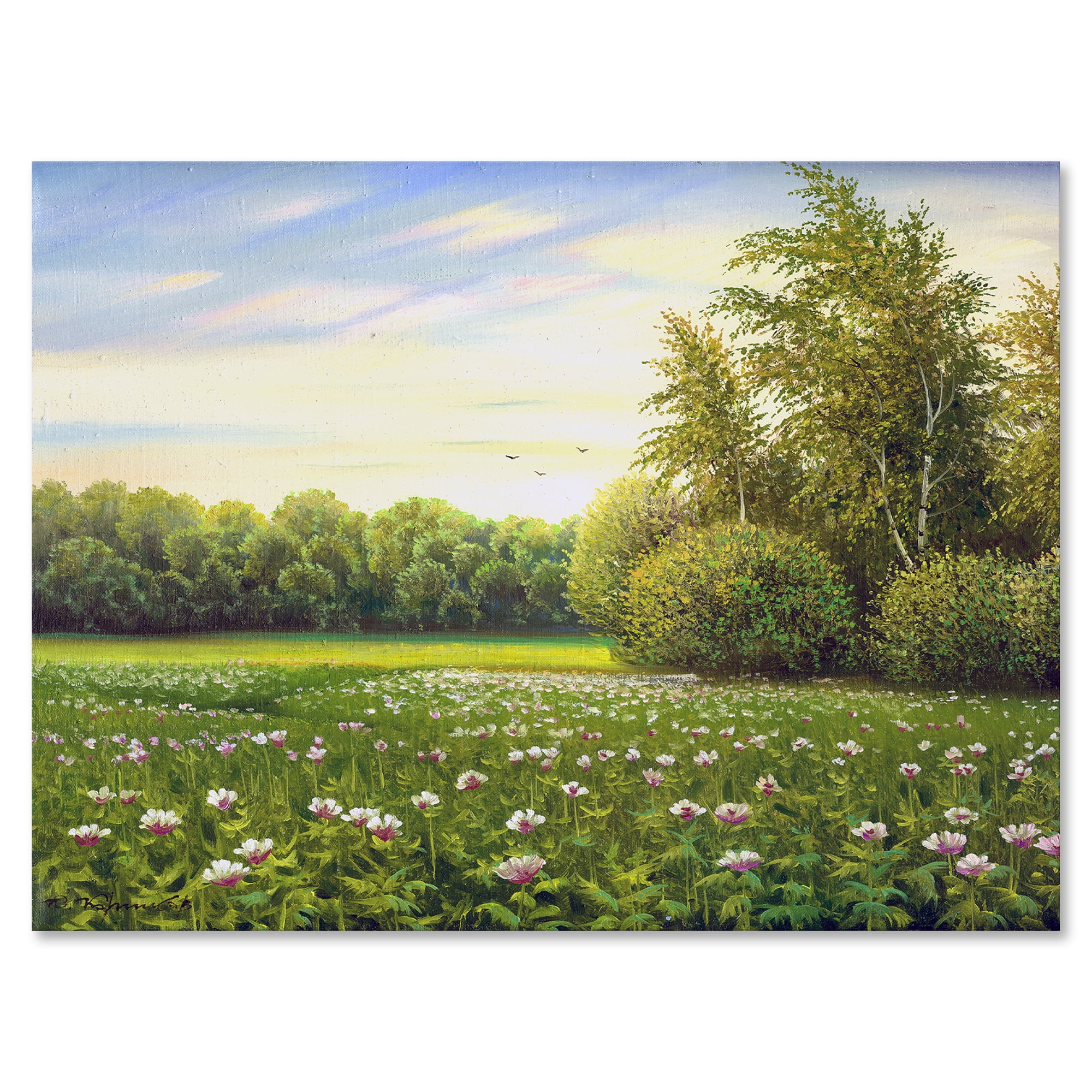 Designart ' Spring Trees By The Flowers and Meadows ' Country Canvas Wall Art Print