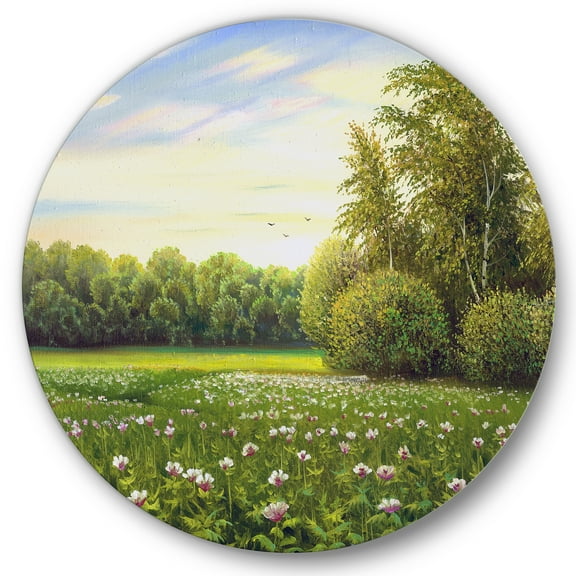 Designart 'Spring Trees By The Flowers and Meadows' Country Circle Metal Wall Art 36x36 - Disc of 36