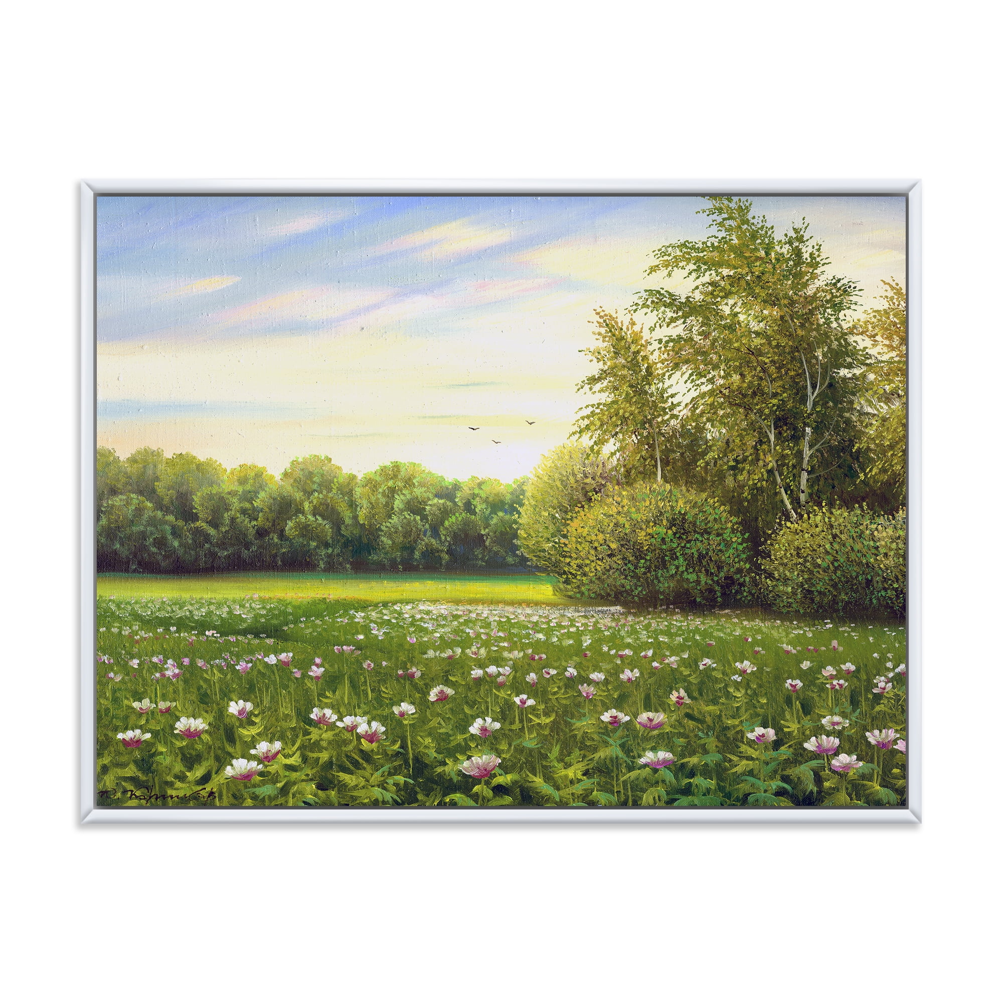 Designart 'Spring Trees By The Flowers and Meadows' Country Framed Canvas Wall Art Print