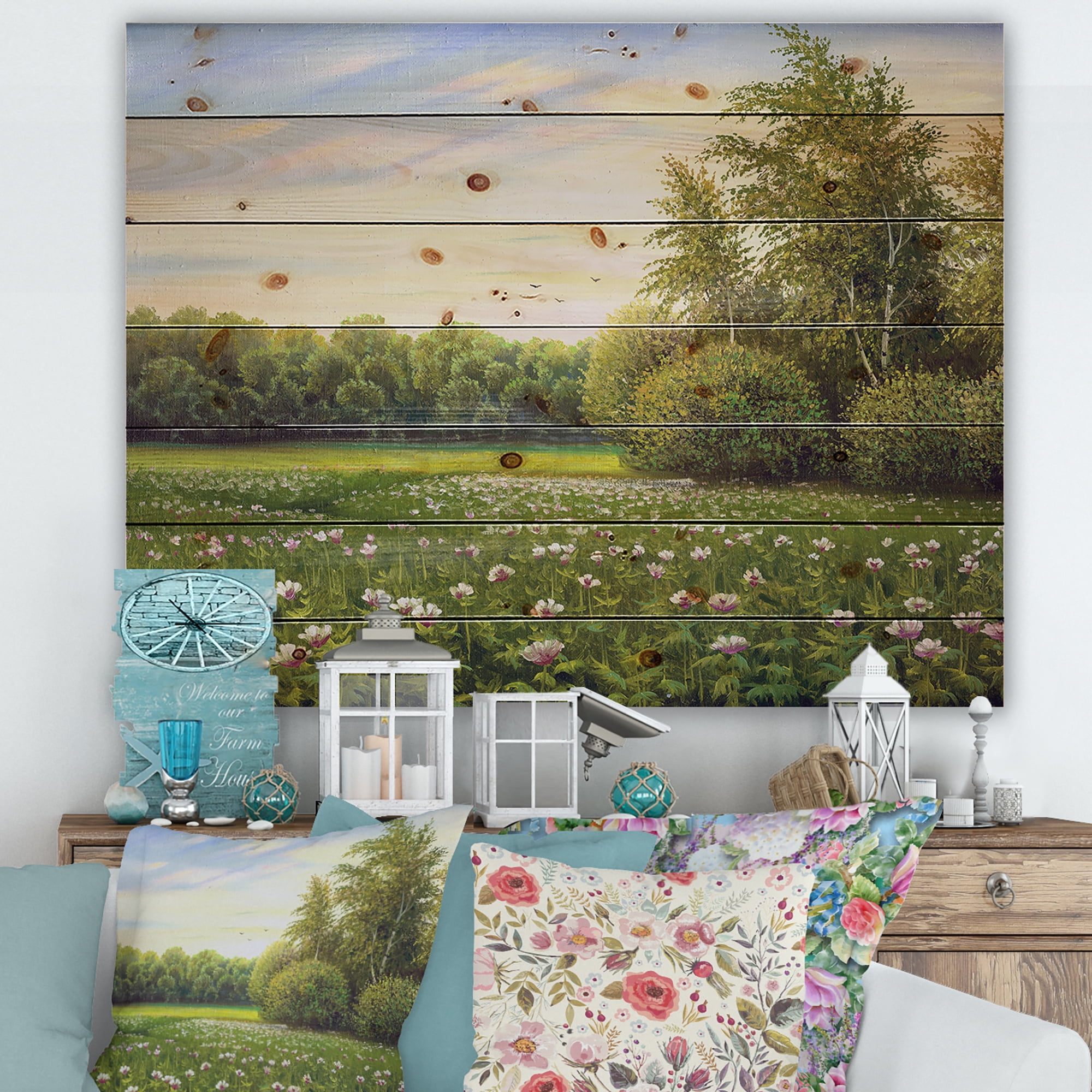 Designart 'Spring Trees By The Flowers and Meadows' Country Print on Natural Pine Wood