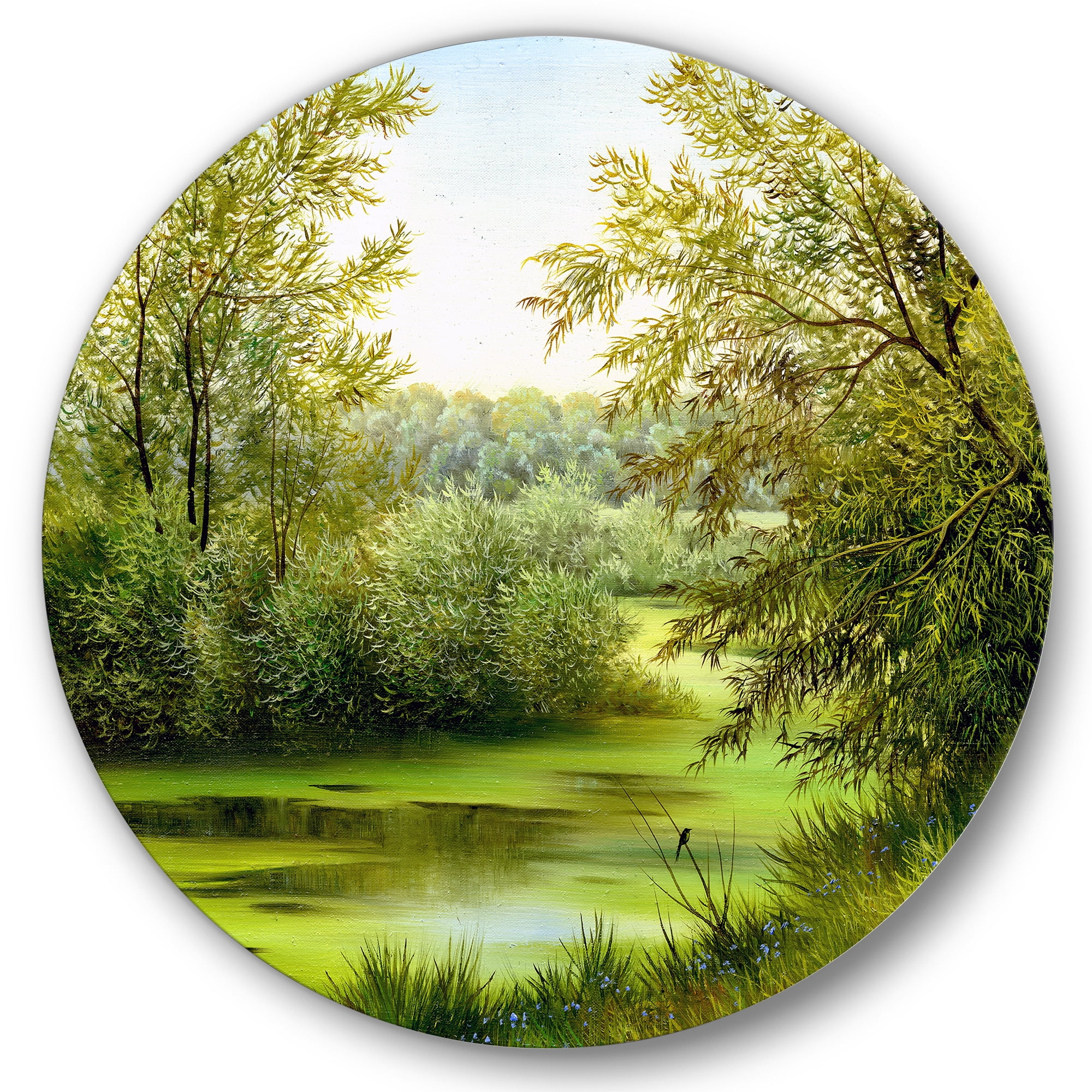 Designart 'Spring Trees With Green Pond' Country Circle Metal Wall Art 23x23 - Disc of 23