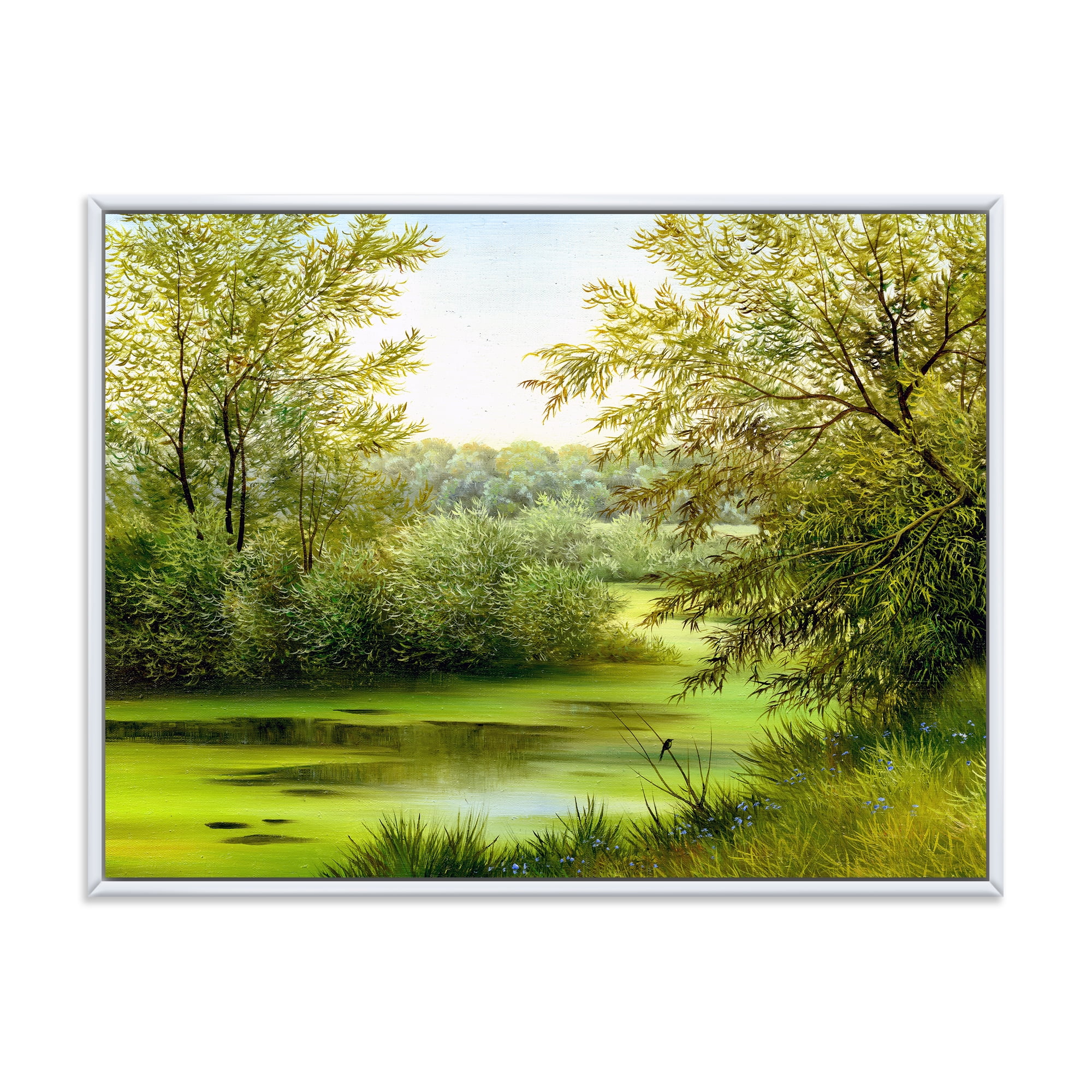 Designart 'Spring Trees With Green Pond' Country Framed Canvas Wall Art Print