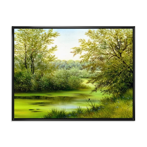 Designart 'Spring Trees With Green Pond' Country Framed Canvas Wall Art Print