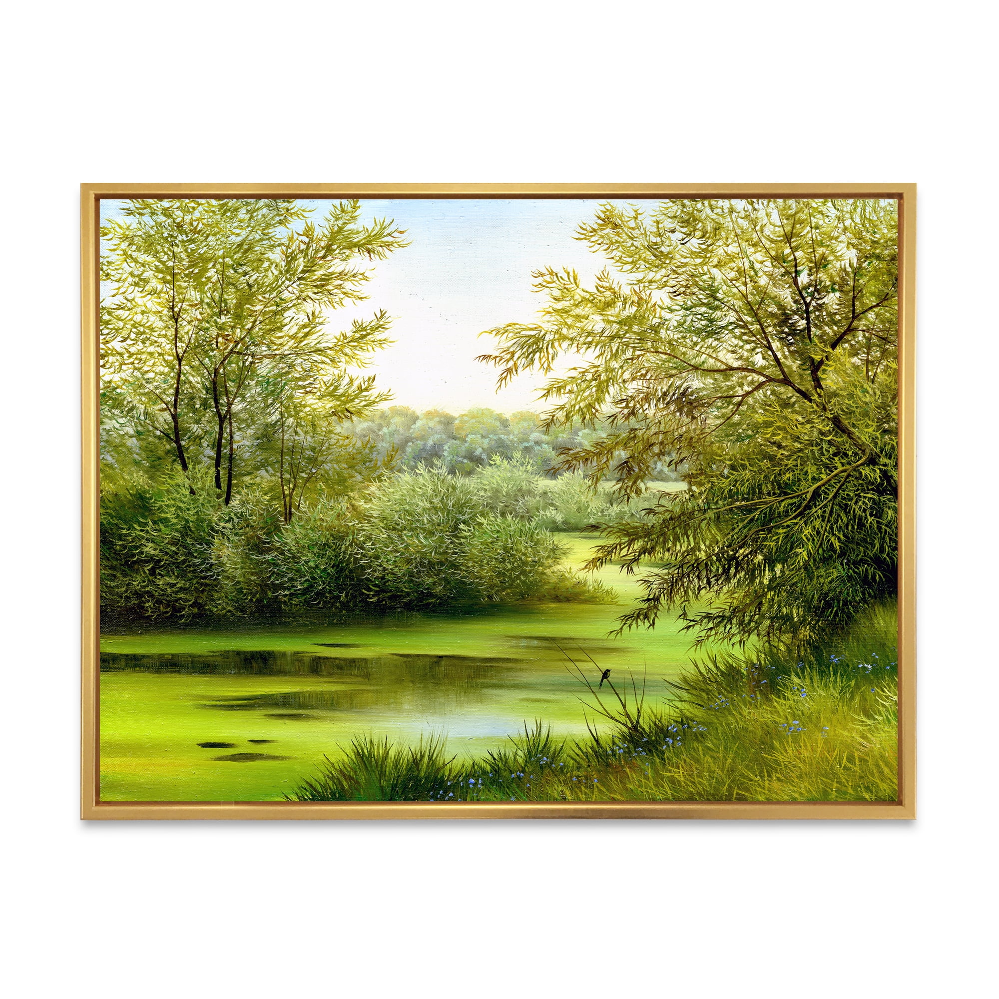 Designart 'Spring Trees With Green Pond' Country Framed Canvas Wall Art Print