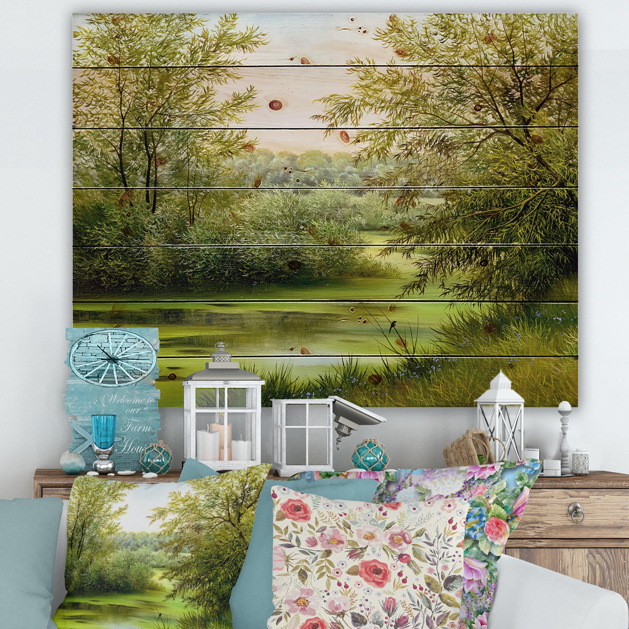 Designart 'Spring Trees With Green Pond' Country Print on Natural Pine Wood