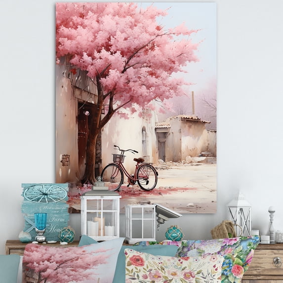 Designart "Springtime Bliss Pink and White Floral Bicycle I" Transportation Canvas Wall Art - Modern Pink Bicycle Bedroom Canvas Wall Art