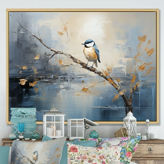 Designart "Springtime Bloom of Gold and Blue Bird I" Animals Framed Wall Art - Traditional Gold Bird Tree Entryway Framed Wall Art Print