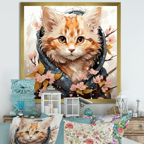 Designart "Springtime Cat in Flowers" Animals Framed Wall Art Decor - Modern White Cat Entryway Framed Wall Art