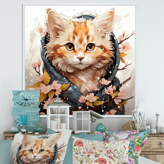 Designart "Springtime Cat in Flowers" Animals Framed Wall Art - Traditional White Cat Entryway Framed Wall Art