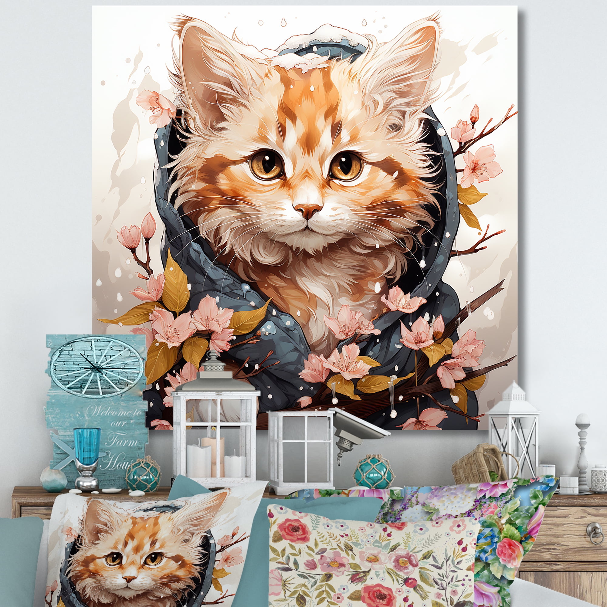 Designart "Springtime Cat in Flowers" Animals Wall Art Modern White