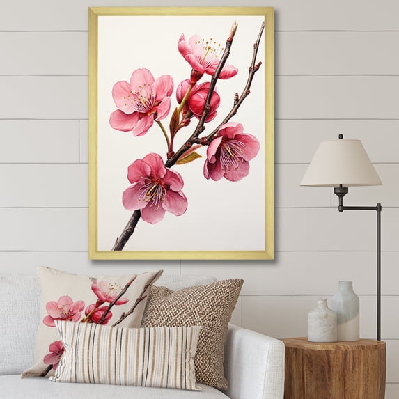 Designart "Springtime Cherry Blossoms" Floral Framed Wall Art - Traditional Pink Cherry Bedroom Framed Canvas Wall Art