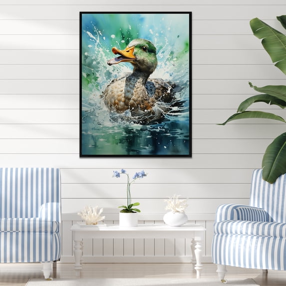 Designart "Springtime Splash Duck" Animals Framed Wall Art - Traditional Green Duck Entryway Framed Wall Art Print