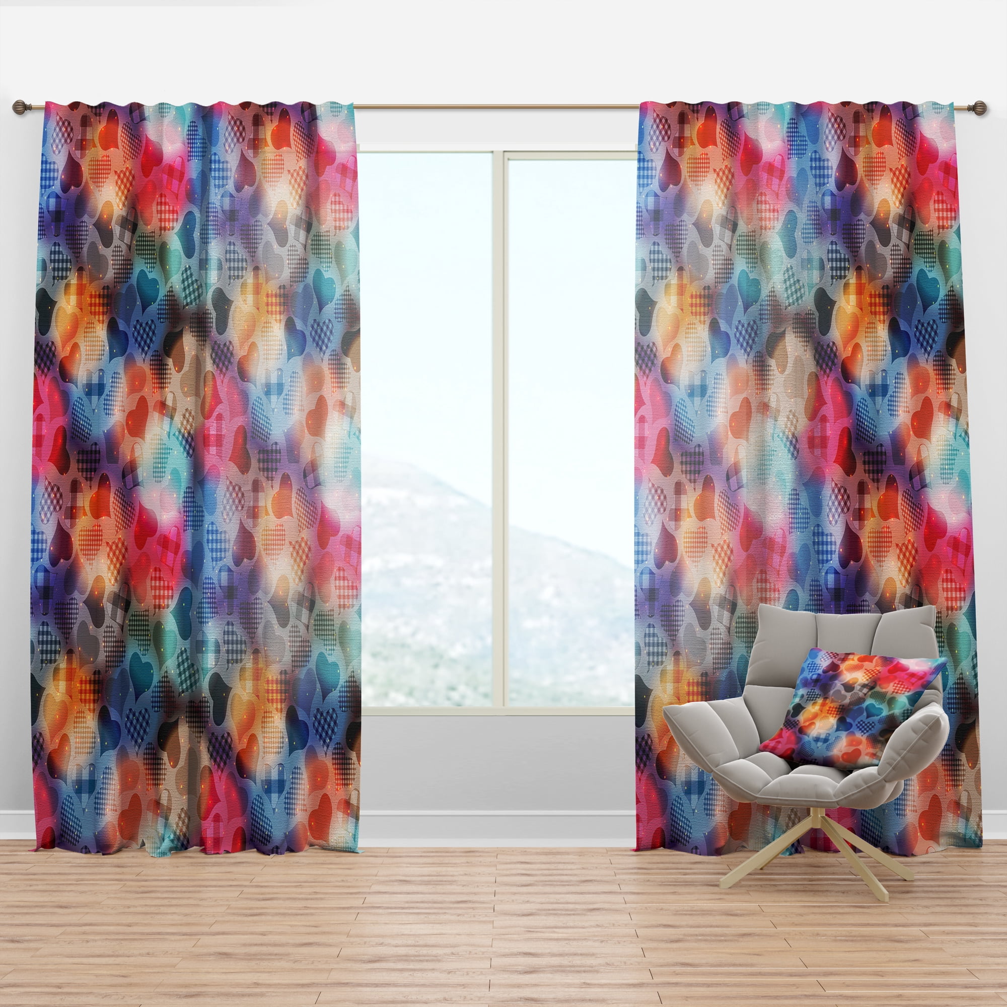 Designart 'Squared Pattern With Floating Hearts' Modern & Contemporary Curtain Panel