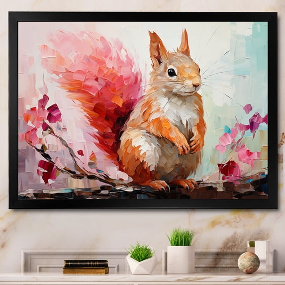 Designart "Squirrel Blooming in Pink and Green IV" Animals Framed Wall Art Decor - Modern Farmhouse Green Squirrel Bedroom Framed Canvas Wall Art