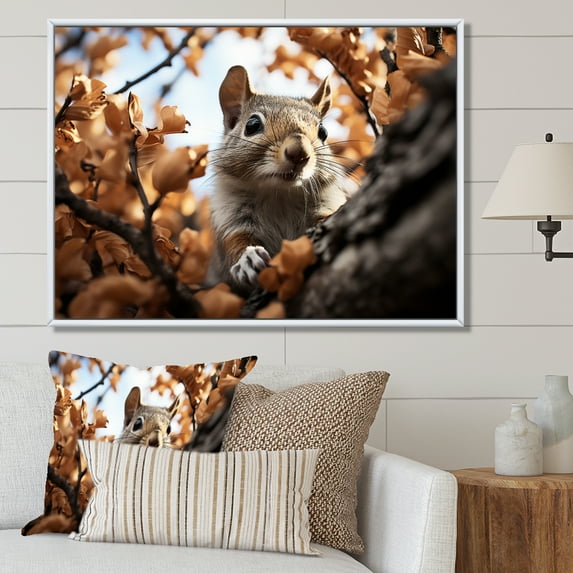 Designart "Squirrels Antics Grey Squirrel" Animals Floater Framed Canvas Print