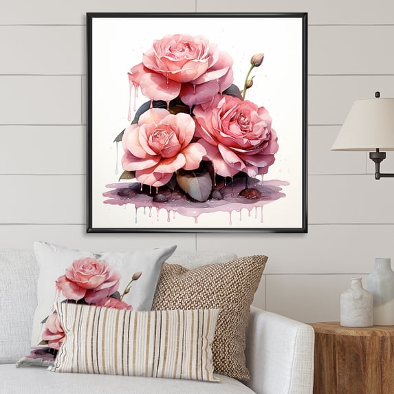 Designart "Stacked Rose on Spiritual Stones in Pink III" Floral Framed Wall Art - Pink Rose Entryway Framed Wall Art