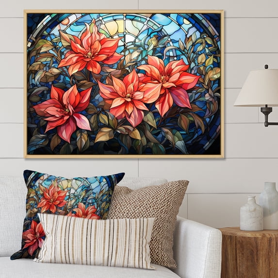 Designart "Stained Glass Poinsettia Beauty II" Floral Floater Framed Canvas Art Print