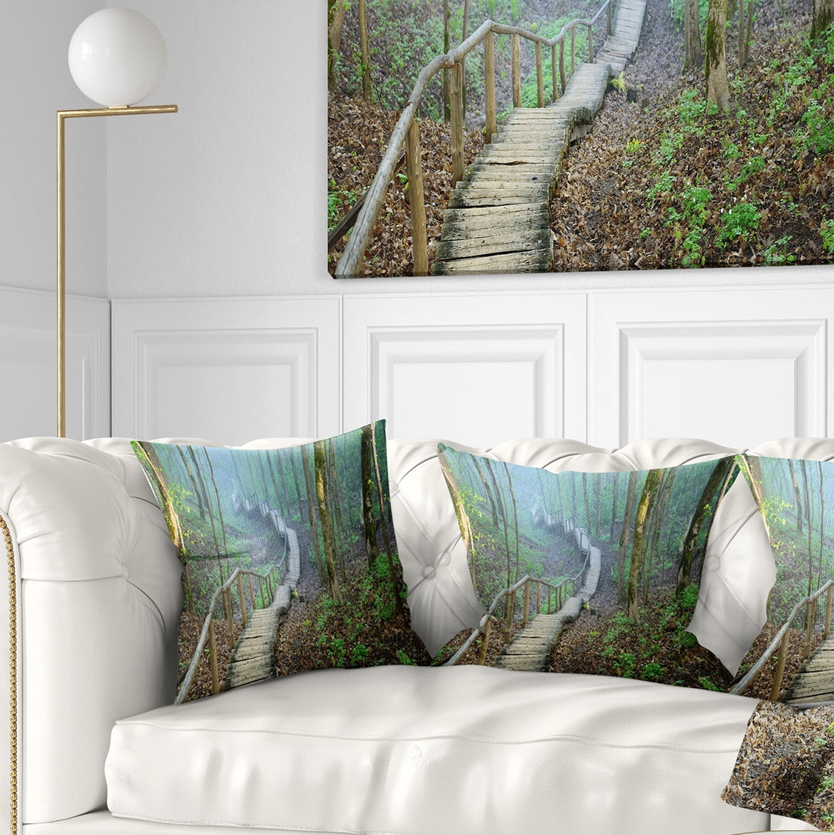 Designart Stairway Leading to Foggy Forest - Landscape Photography Throw Pillow - 18x18