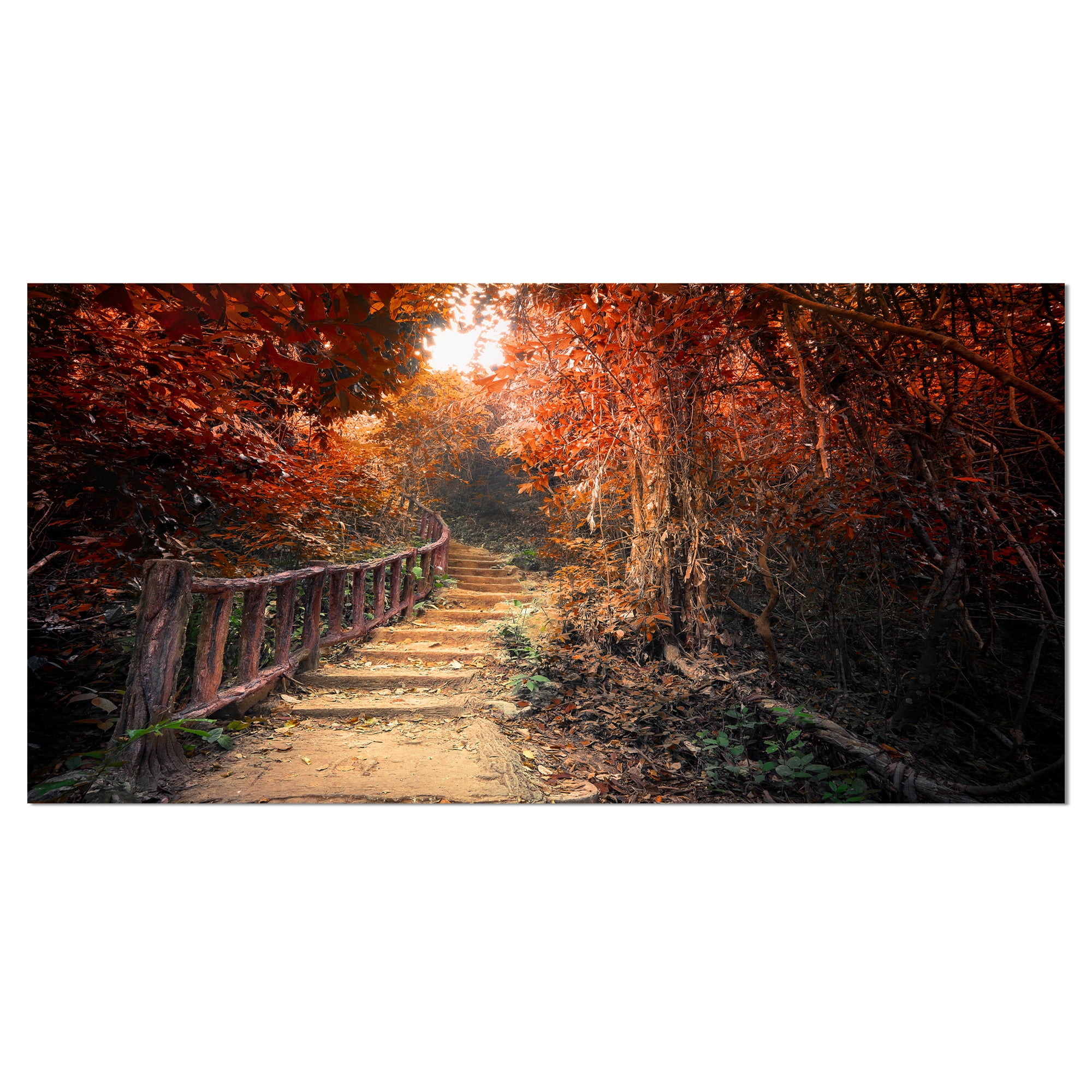 Designart 'Stairway Through Red Fall Forest ' Landscape Photography Canvas Print