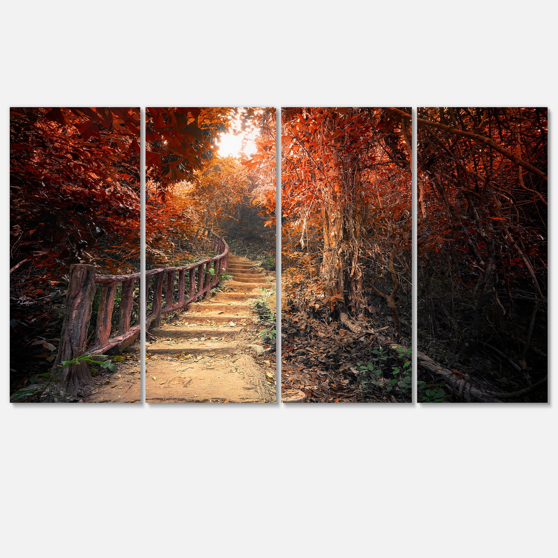 Designart 'Stairway Through Red Fall Forest ' Landscape Photography Canvas Print