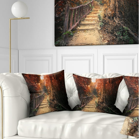 Designart Stairway Through Red Fall Forest - Landscape Photography Throw Pillow - 16x16