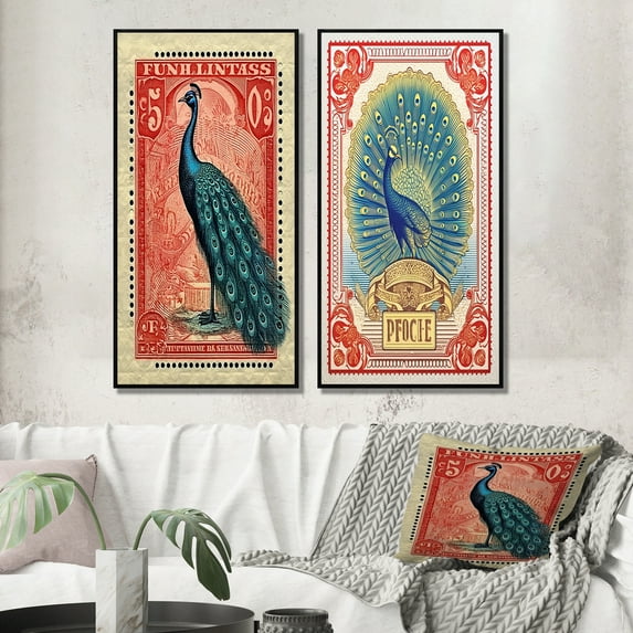 Designart "Stamp Illustration of a Glorious Peacock VIII" Animals Peacock Framed Wall Art Set Of 2 - Children's Art Blue Framed Canvas Set For Living Room Decor