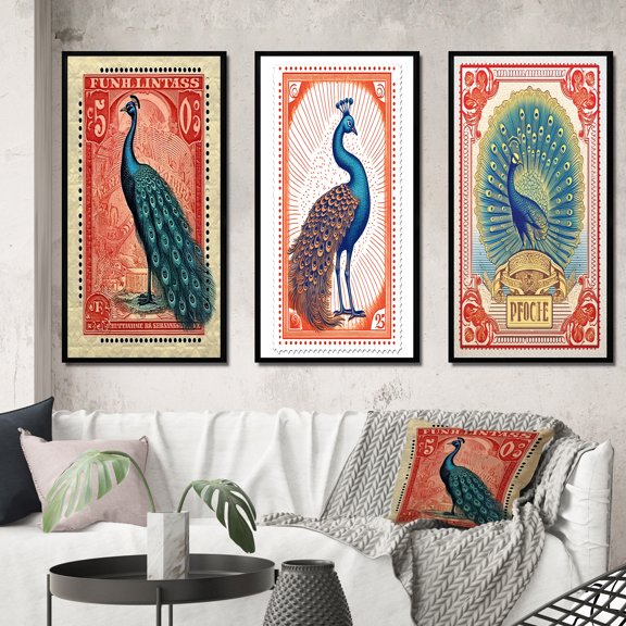 Designart "Stamp Illustration of a Glorious Peacock VIII" Animals Peacock Framed Wall Art Set Of 3 - Blue Peacock Frame Gallery Wall Set For Home Decor
