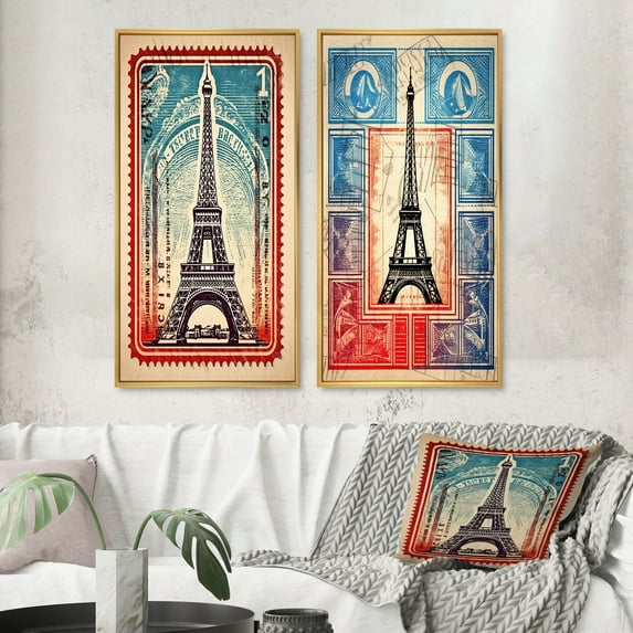 Designart "Stamp Illustration of Eiffel Tower in Paris II" City Paris Framed Wall Art Set Of 2 - Traditional Blue Frame Gallery Set For Office Decor
