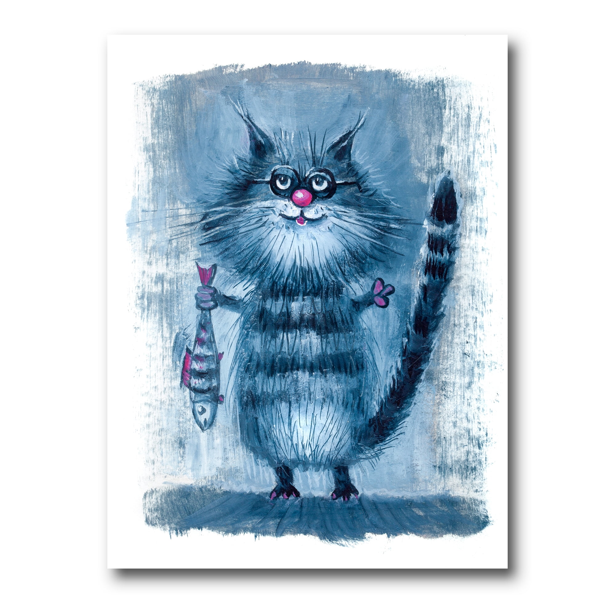 Blue Coastal Cat Holding Fish Canvas Wall Art
