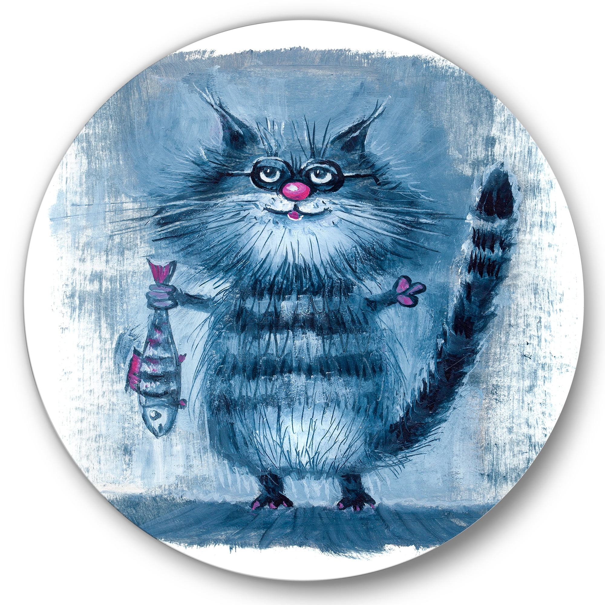 Designart 'Standing Cat Holding A Fish In Its Claws' Nautical & Coastal Circle Metal Wall Art 36x36 - Disc of 36
