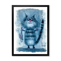 Designart 'Standing Cat Holding A Fish In Its Claws' Nautical & Coastal Framed Art Print