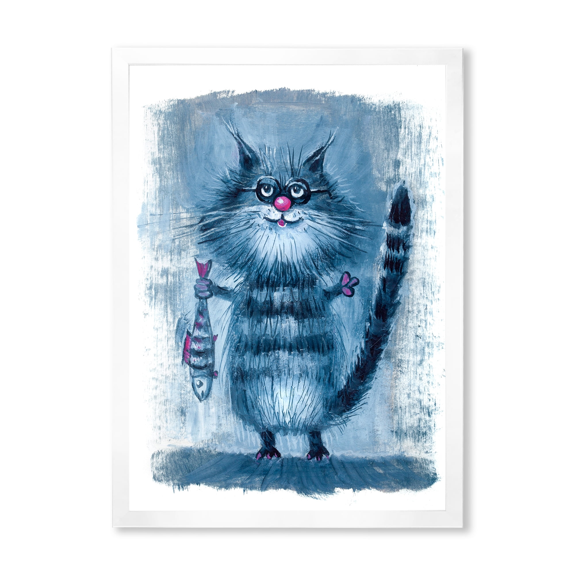 Designart 'Standing Cat Holding A Fish In Its Claws' Nautical & Coastal Framed Art Print
