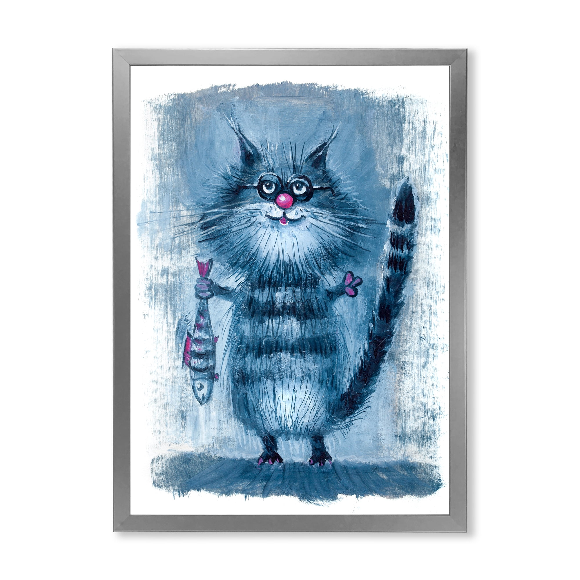 Designart 'Standing Cat Holding A Fish In Its Claws' Nautical & Coastal Framed Art Print