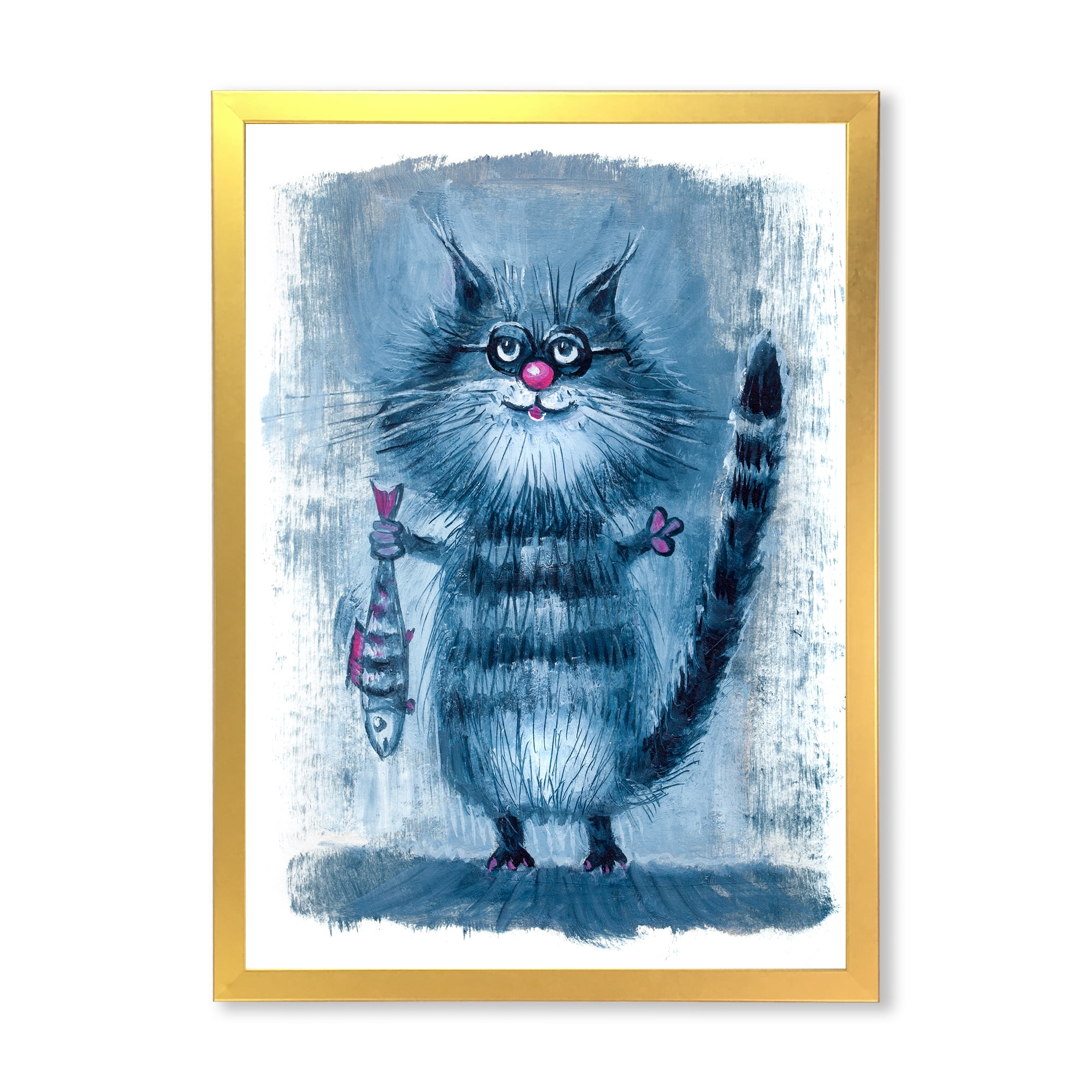Designart 'Standing Cat Holding A Fish In Its Claws' Nautical & Coastal Framed Art Print