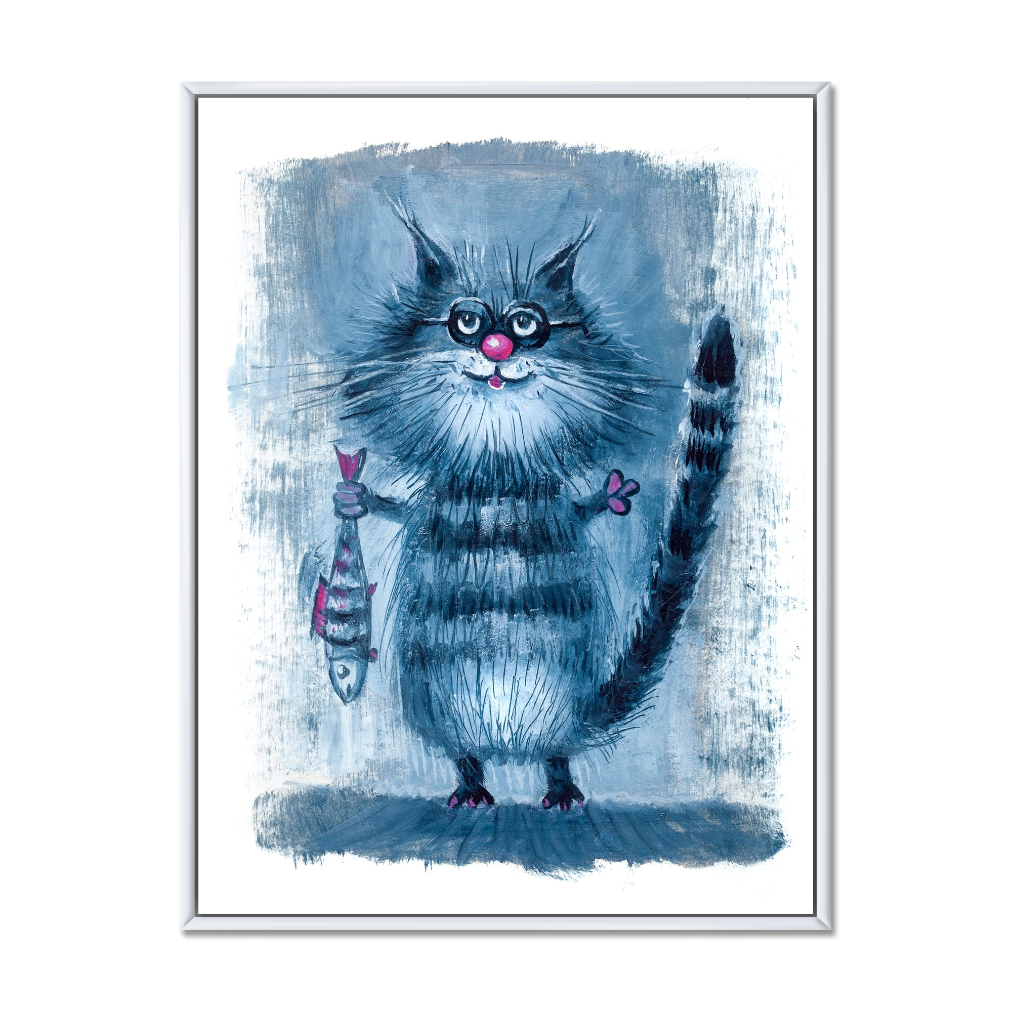 Designart 'Standing Cat Holding A Fish In Its Claws' Nautical & Coastal Framed Canvas Wall Art Print