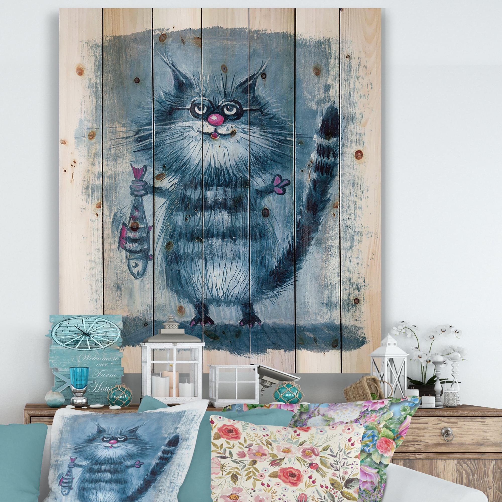 Designart 'Standing Cat Holding A Fish In Its Claws' Nautical & Coastal Print on Natural Pine Wood