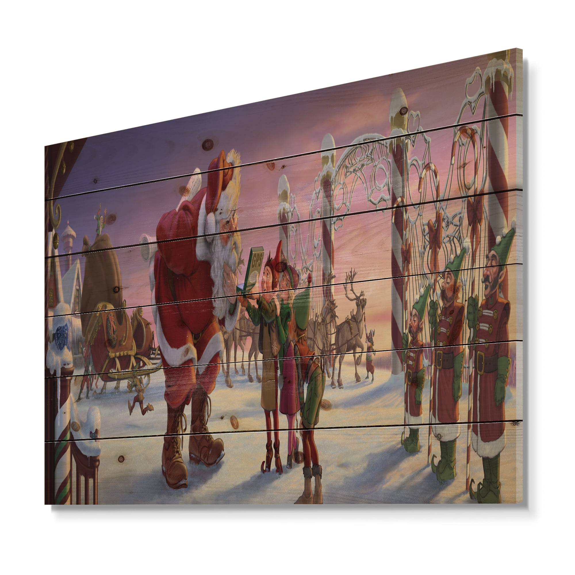 Designart 'Stanta Claus with Elves on North Pole' Print on Natural Pine Wood