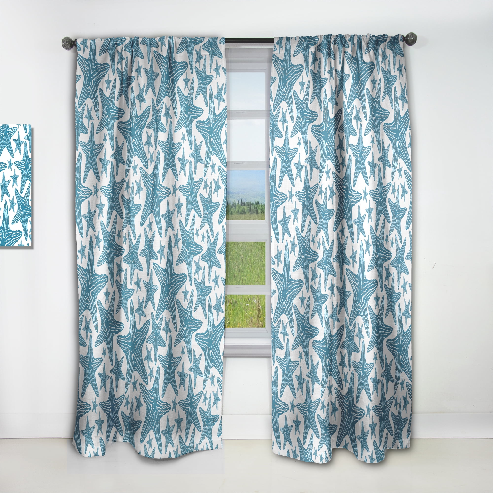 Designart 'Starfish Pattern of Blue ' Coastal Curtain Panel