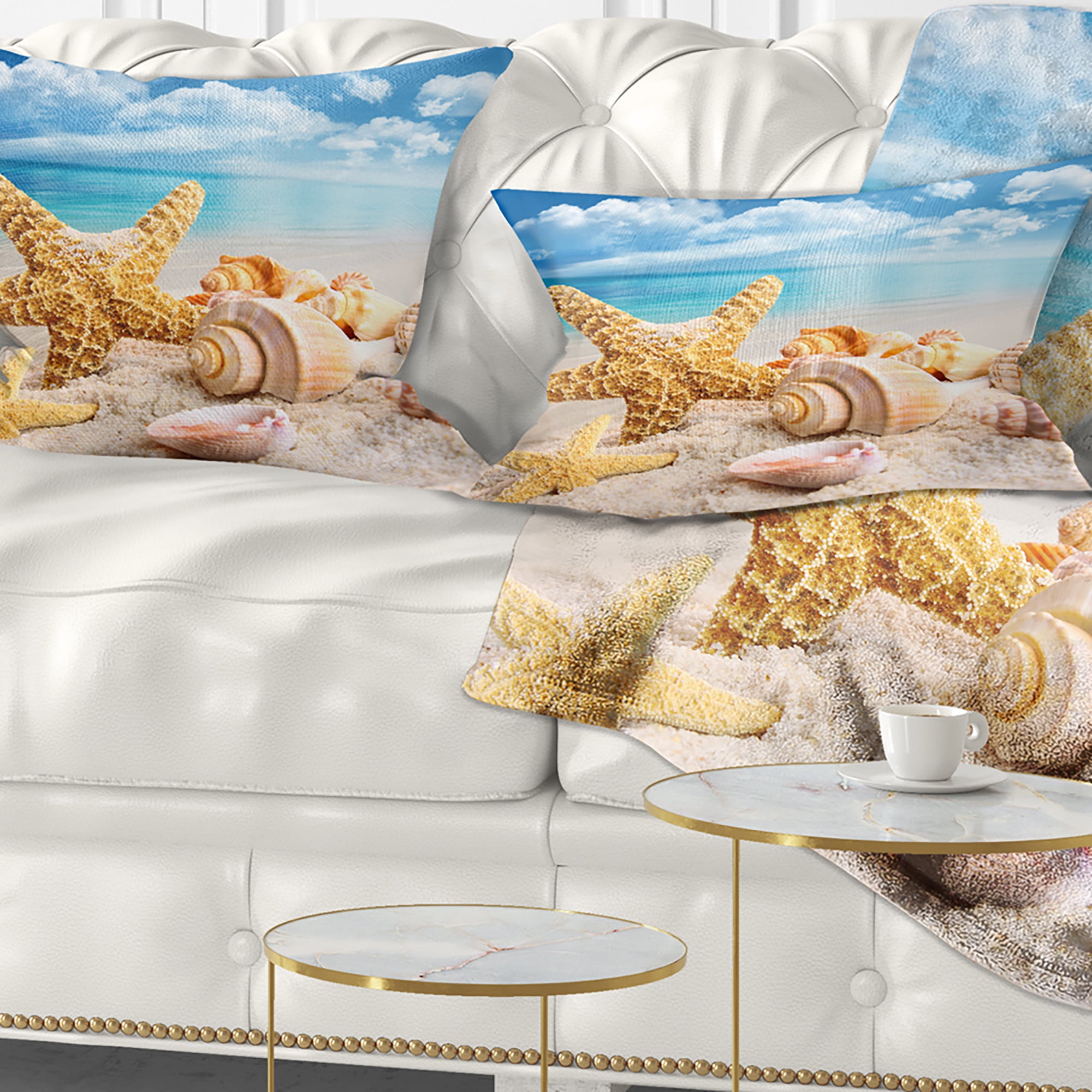 Designart Starfish and Seashells on Beach - Seashore Photo Throw Pillow - 12x20