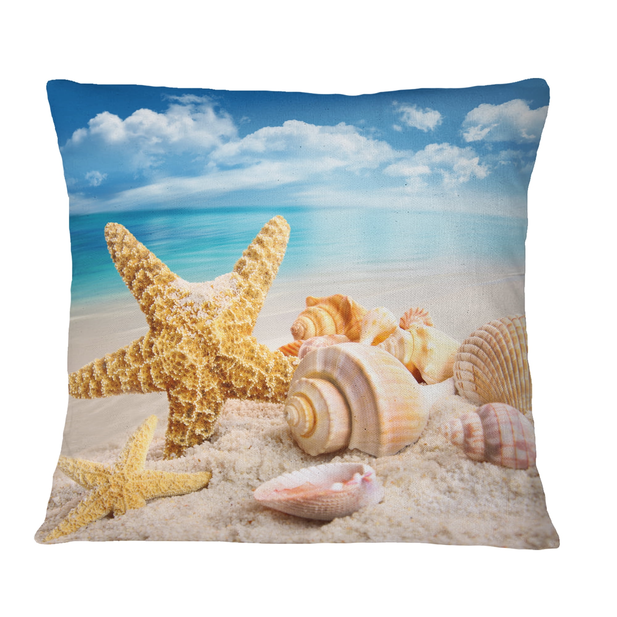 Designart Starfish and Seashells on Beach - Seashore Photo Throw Pillow - 16x16