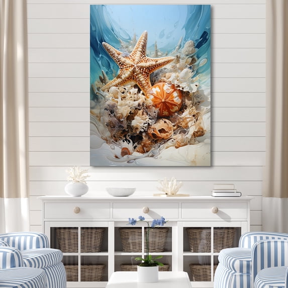 Designart "Starfish on the Sandy Beach III" Coastal Canvas Wall Art - Coastal Orange Coastal Tropical Hallway Wall Art Decor