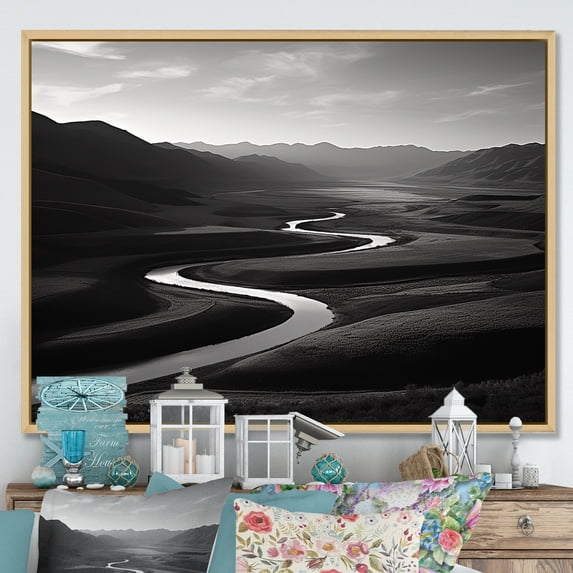 Designart "Stark Mountain River Contrast" Landscape Mountains Floater Framed Wall Decor