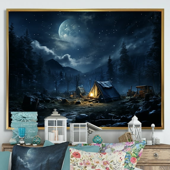 Designart "Starlit Camping Adventure in Canada II" Landscapes Framed Wall Art - Country Blue Camping Travel Entryway Framed Wall Art Print