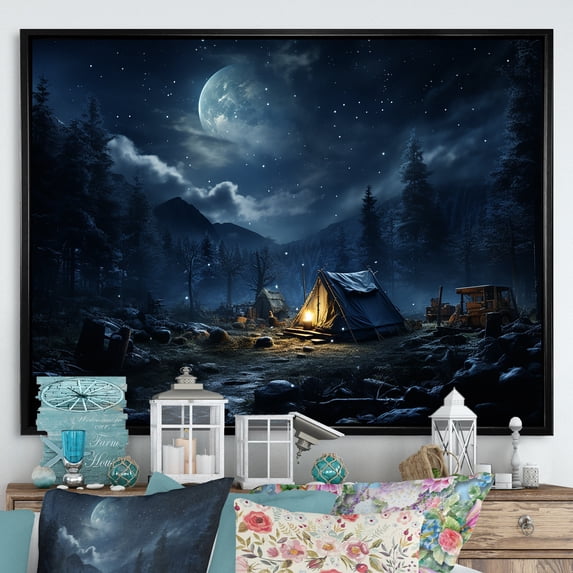 Designart "Starlit Camping Adventure in Canada II" Landscapes Framed Wall Art - Country Blue Camping Travel Entryway Framed Wall Art Print