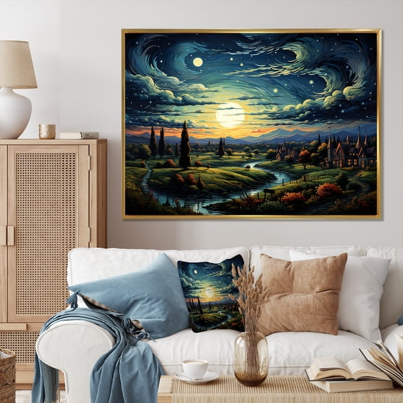 Designart "Starry Day A Masterpiece by Vincent IV" Landscapes Floater Framed Wall Art Print