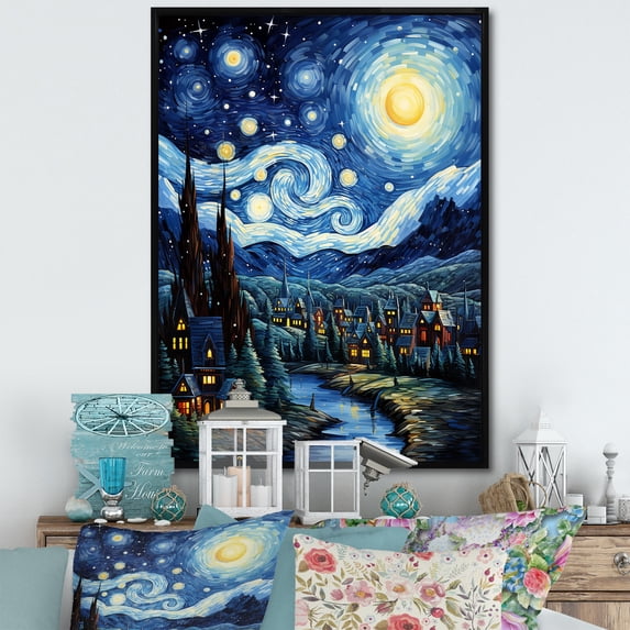 Designart "Starry Day A Masterpiece by Vincent VII" Abstract Floater Framed Wall Art Print