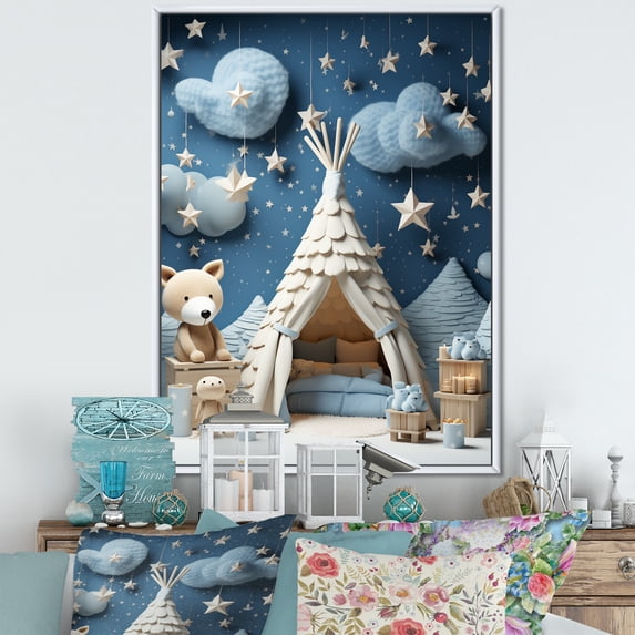 Designart "Starry Night Dreams Child Nursery I" People Framed Wall Art - Farmhouse Blue Animal Nursery Living Room Framed Canvas Art