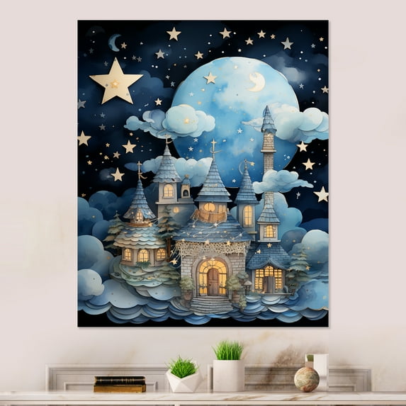 Designart "Starry Night Dreams Child Nursery III" People Canvas Wall Art - Farmhouse Blue Nursery Living Room Canvas Art